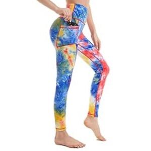 Rainbow Tie Dye Workout Barre Yoga Running Leggings With Pockets, Large, HTF